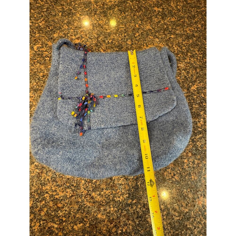 Handmade Blue Felt Shoulder Purse with Multicolored Ribbon Accents - Picture 6 of 10